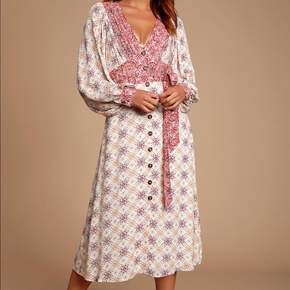 Lulus Pink Boho Prarie Floral V Neck Long Sleeve Tie Waist Midi Dress
